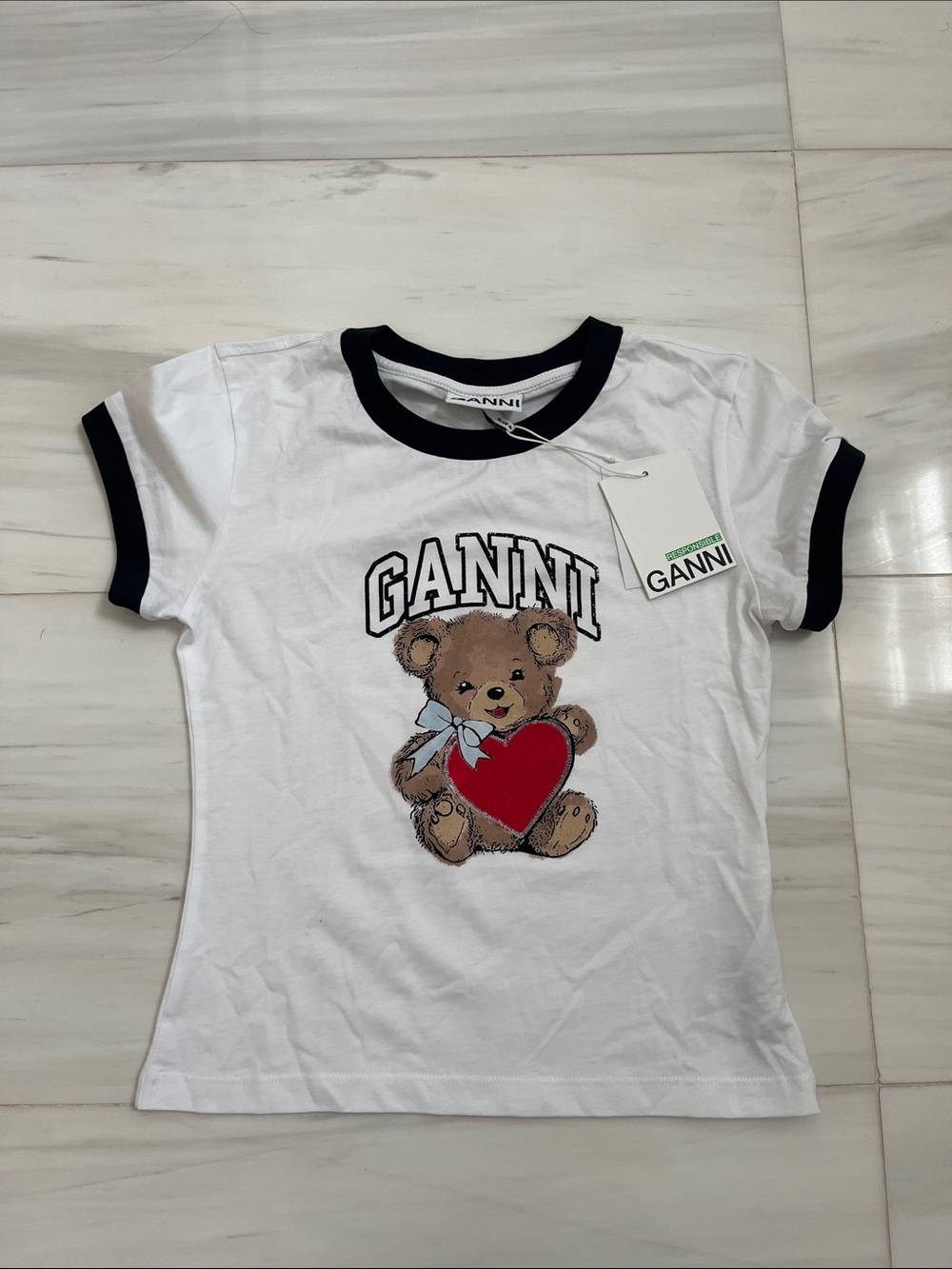 Ganni White Tee with Black Trim and Red Heart Teddy Graphic